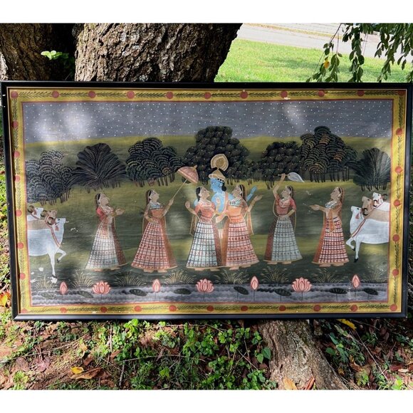 Krishna and Gopis with sacred cows waterliles large painted fabric canvas - Picture 8 of 8